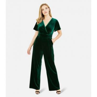 Yumi Dark Green Velvet V Neck Short Sleeve Wrap Jumpsuit New Look