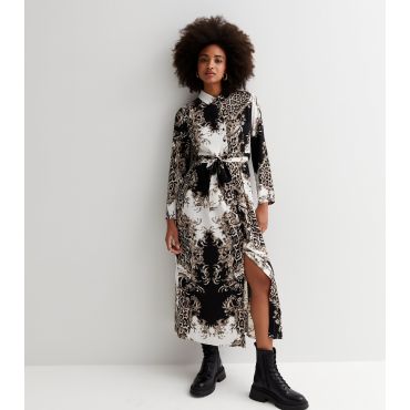 Women's Black Mixed Print Long Sleeve Midi Shirt Dress Cameo Rose New Look