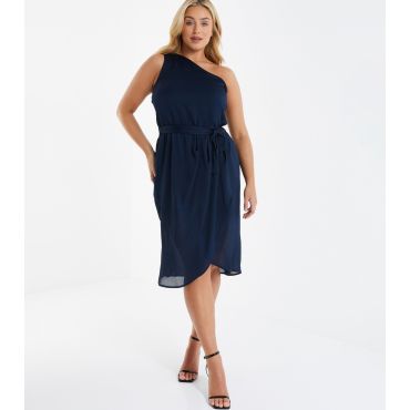 Women's Plus Size Navy Satin One Shoulder Midi Wrap Dress Curves Quiz New Look