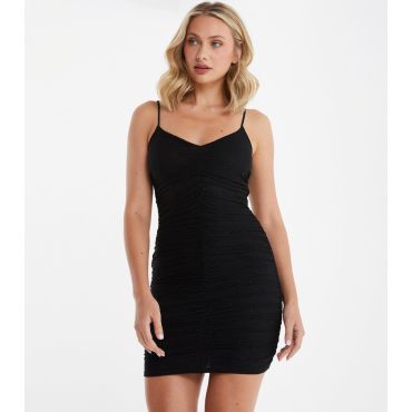Women's Black Glitter Strappy Ruched Mini Bodycon Dress Quiz New Look
