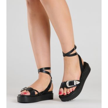 Women's Black Buckle Flatform Sandals South Beach New Look