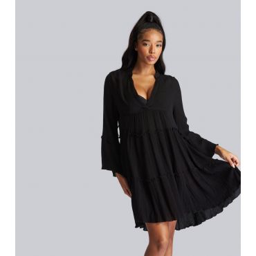 Women's Black Crinkle Frill Tiered Mini Dress South Beach New Look
