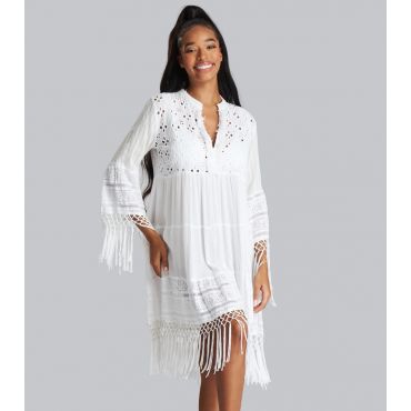 Women's White Broderie Lace Fringe Beach Dress South Beach New Look