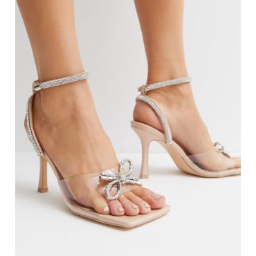Women's Pale Pink Diamanté Bow Stiletto Heel Sandals Public Desire New Look