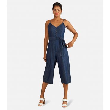 Women's Blue Denim Look Strappy Jumpsuit Yumi New Look