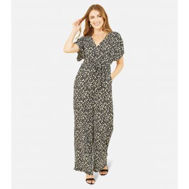 Women's Black Leopard Print Short Kimono Sleeve Wide Leg Wrap Jumpsuit Yumi New Look