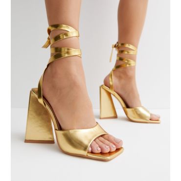 Women's Gold Ankle Tie Block Heel Sandals Public Desire New Look