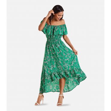 Women's Green Ditsy Floral Frill Dip Hem Maxi Dress Mela New Look