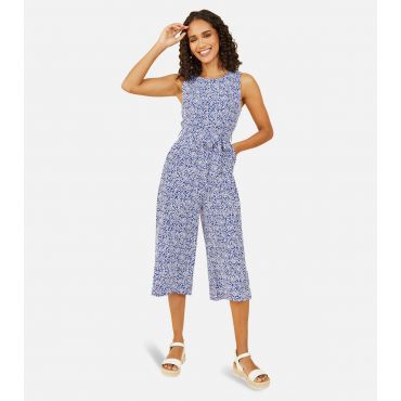 Women's Navy Ditsy Floral Tie Waist Crop Jumpsuit Mela New Look