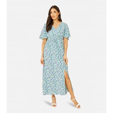 Women's Green Ditsy Floral Shirred Midi Wrap Dress Yumi New Look