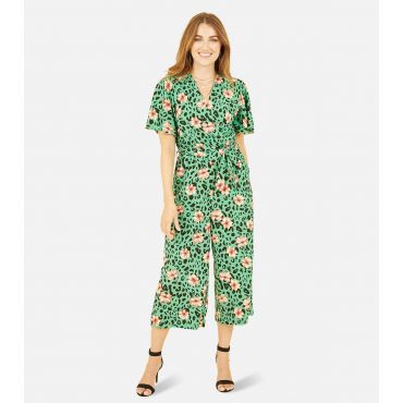 Women's Green Floral-Print Cropped Jumpsuit Mela New Look