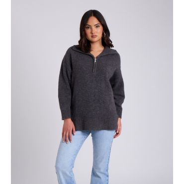 Women's Dark Grey Knit Zip Neck Oversized Sweatshirt Urban Bliss New Look