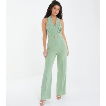 Women's Light Green Belted Halter Neck Wide Leg Jumpsuit Quiz New Look