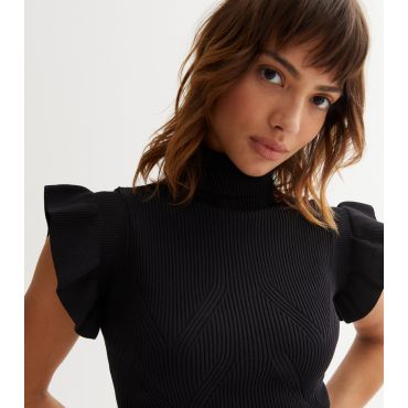 Women's Black Knit Frill Sleeve Top Cameo Rose New Look