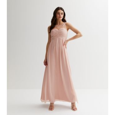 Women's Pink Mesh Pleated Chiffon Gem Embellished Maxi Dress Blue Vanilla New Look