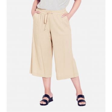 Women's Plus Size Stone Linen Blend Wide Leg Crop Trousers Curves Evans New Look