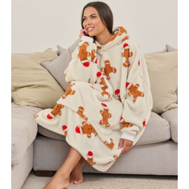 Women's Off White Gingerbread Print Fleece Blanket Hoodie Loungeable New Look
