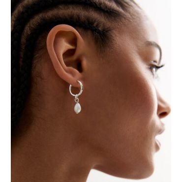 Silver Plated Faux Pearl Drop Hoop Earrings New Look