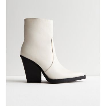 Women's Cream Leather-Look Pointed Block Heel Ankle Boots Public Desire New Look