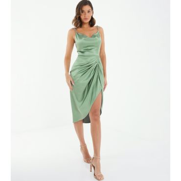 Women's Olive Satin Strappy Midi Dress Quiz New Look