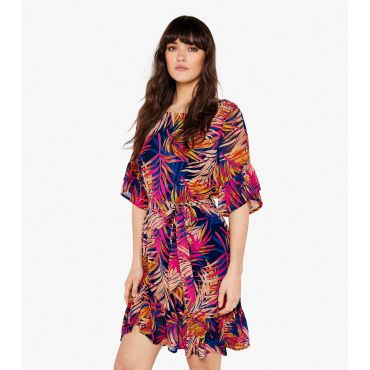 Women's Navy Tropical Leaf Mini Dress Apricot New Look