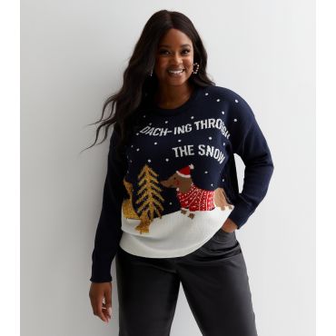 Women's Plus Size Blue Knit Christmas Logo Jumper Curves ONLY New Look