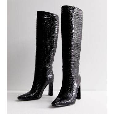 Women's Black Faux Croc Block Heel Knee High Boots Public Desire New Look