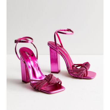 Women's Mid Pink Metallic Knot Block Heel Sandals Public Desire New Look