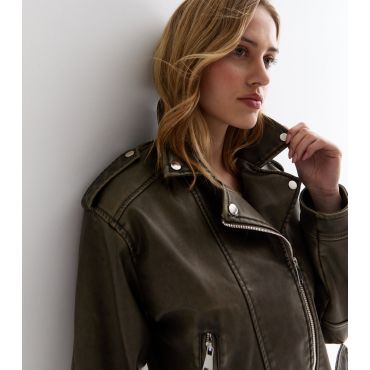 Women's Olive Leather-Look Belted Biker Jacket Pink Vanilla New Look