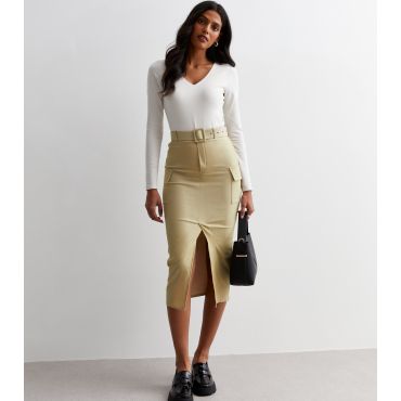 Women's Stone Belted Utility Midi Skirt Cameo Rose New Look