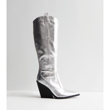 Women's Silver Flared Block Heel Cowboy Boots Public Desire New Look