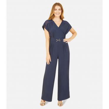 Women's Navy Mesh Panel Wrap Jumpsuit Yumi New Look