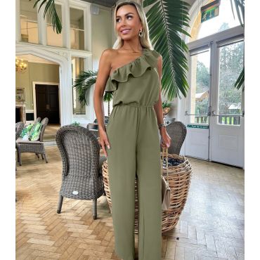 Women's Khaki Frill One Shoulder Jumpsuit AX Paris New Look