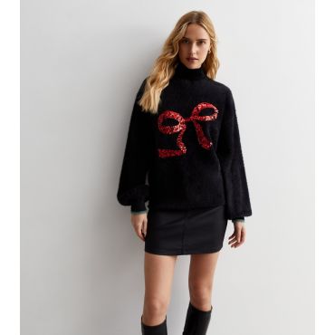 Women's Black Sequin Bow Fluffy Jumper Sunshine Soul New Look