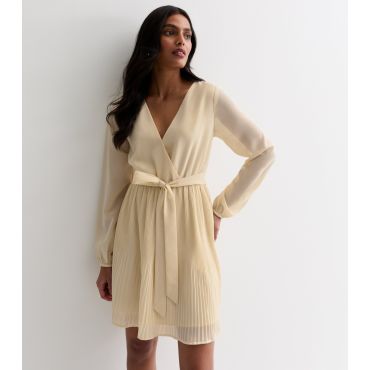 Women's Stone Long Sleeve Belted Pleated Mini Dress Gini London New Look