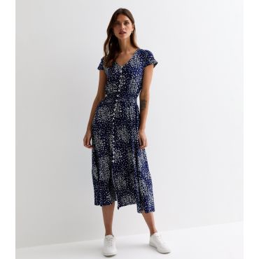 Women's Navy Animal Print Button Front Midi Dress Blue Vanilla New Look