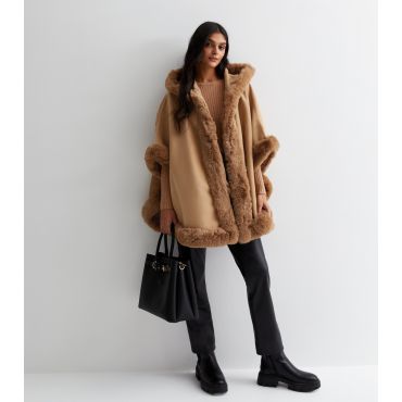 Women's Camel Faux Fur Trim Hooded Cape Gini London New Look