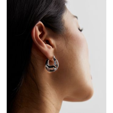 Silver Beaten Oval Mini Hoop Earrings New Look