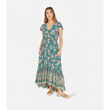Women's Green Abstract Print Tiered Midi Dress Yumi New Look