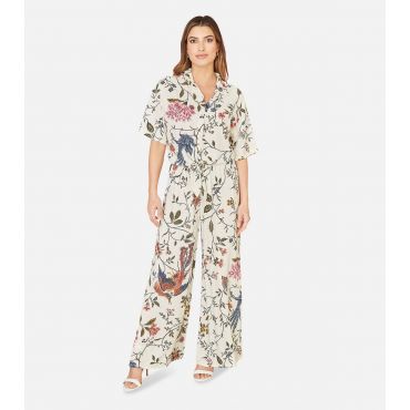 Women's White Floral Crane Print Trousers Yumi New Look