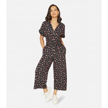 Women's Black Watermelon Cherry Print Belted Jumpsuit Yumi New Look