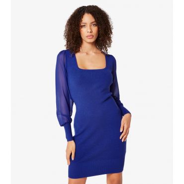 Women's Blue Ribbed Chiffon Square Neck Long Sleeve Mini Dress Apricot New Look