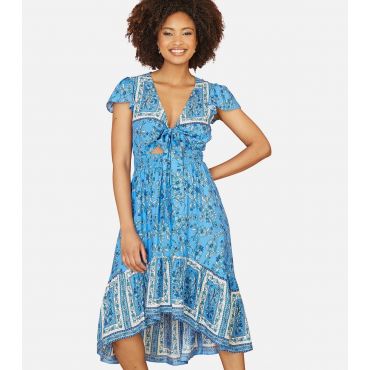 Women's Blue Floral Print Dip Hem Midi Dress Mela New Look