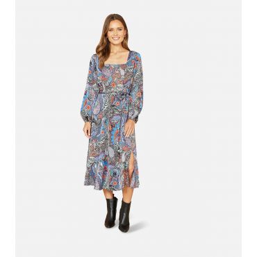 Women's Blue Paisley Print Belted Midi Dress Mela New Look