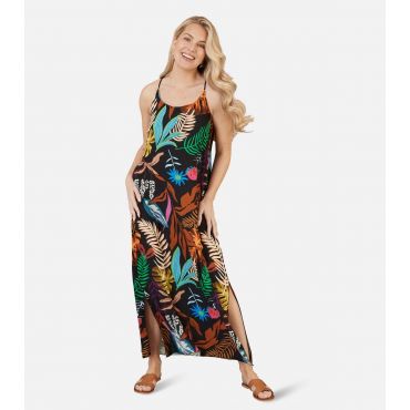 Women's Black Leaf Print Split Hem Midi Dress Mela New Look