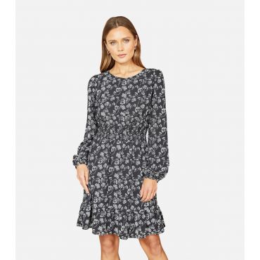Women's Black Floral Shirred Waist Mini Dress Mela New Look