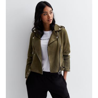 Women's Dark Green Suedette Biker Jacket Sunshine Soul New Look