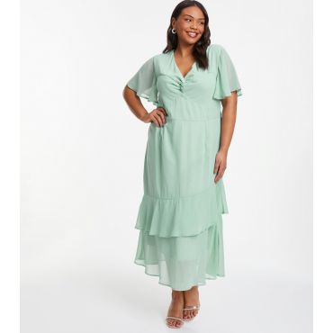 Women's Plus Size Light Green Chiffon Tiered Midaxi Dress Curves Quiz New Look