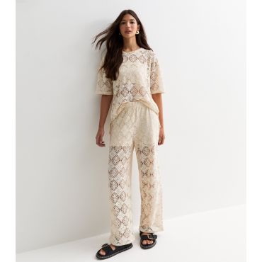 Women's Off White Crochet Wide-Leg Trousers JDY New Look