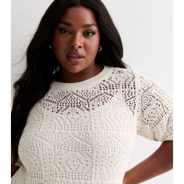 Women's Plus Size Off White Crochet Short Sleeve Top Curves ONLY New Look